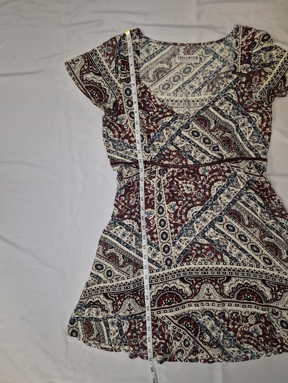 Idyllwind Medium Boho Paisley Dress | Burgundy & Cream Short Sleeve Mini Dress - Picture 5 of 6